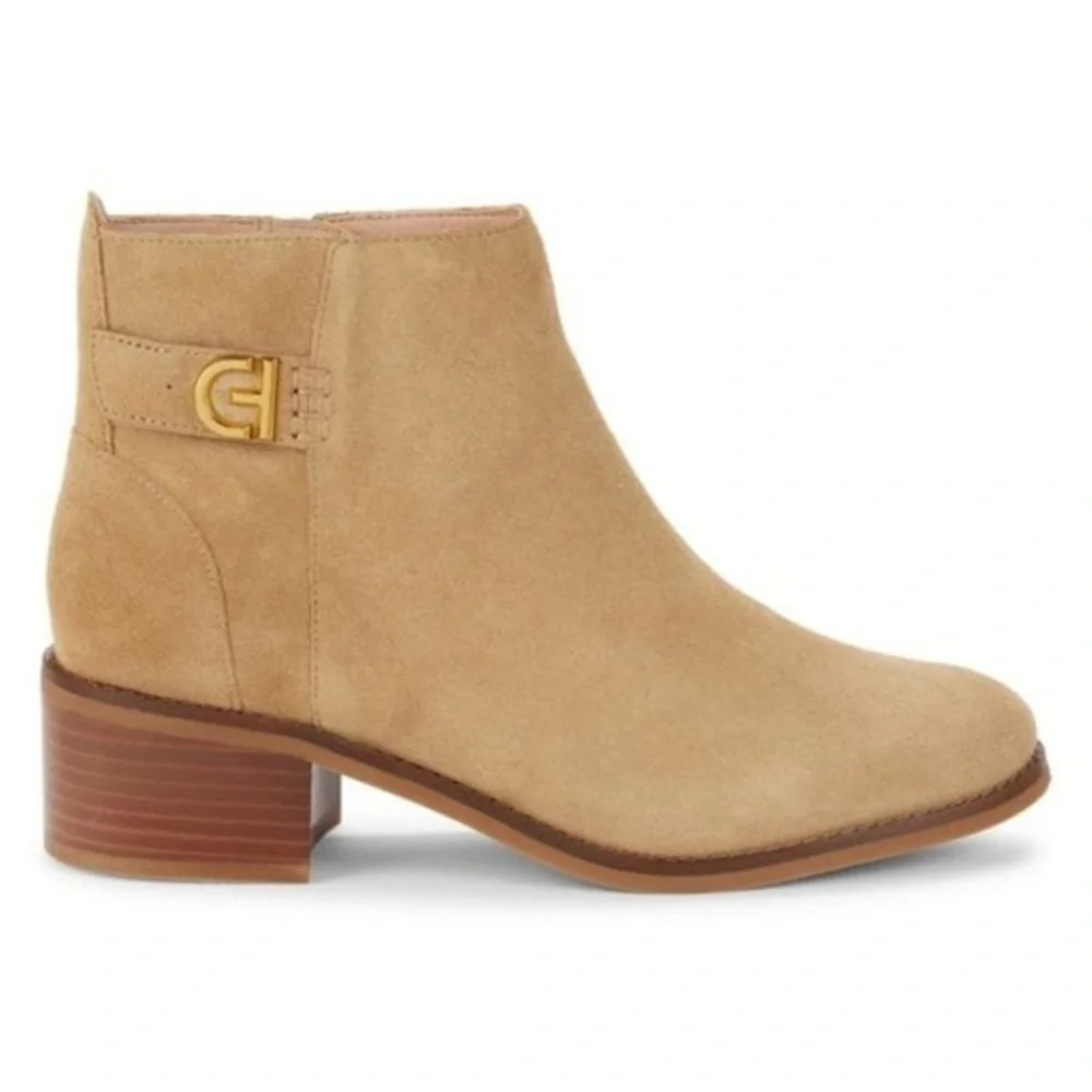 Cole Haan Holis Beige Suede Leather Block Heel Ankle Booties - 7.5B
